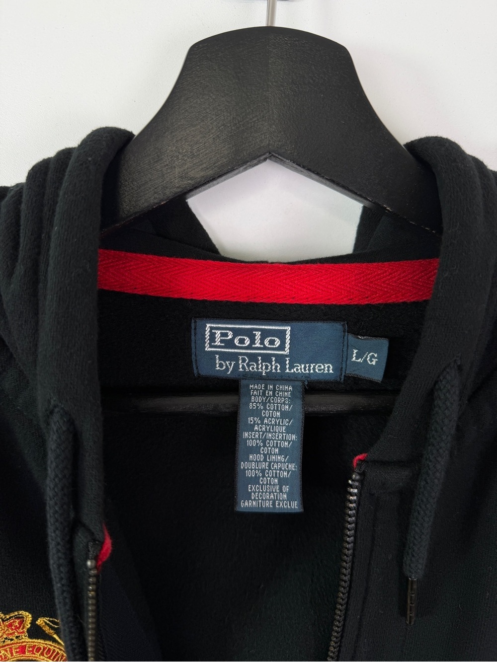 Vintage Polo Ralph Lauren Crest Big Pony Full Zip Hoody Large Black Red - Picture 5 of 7
